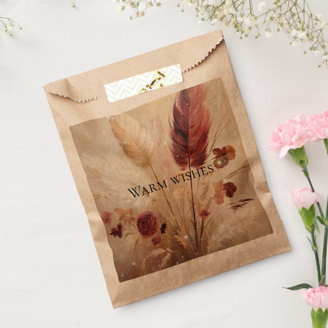 Red Cream Boho Feathers Floral Wedding Favor Bag (Sealed)
