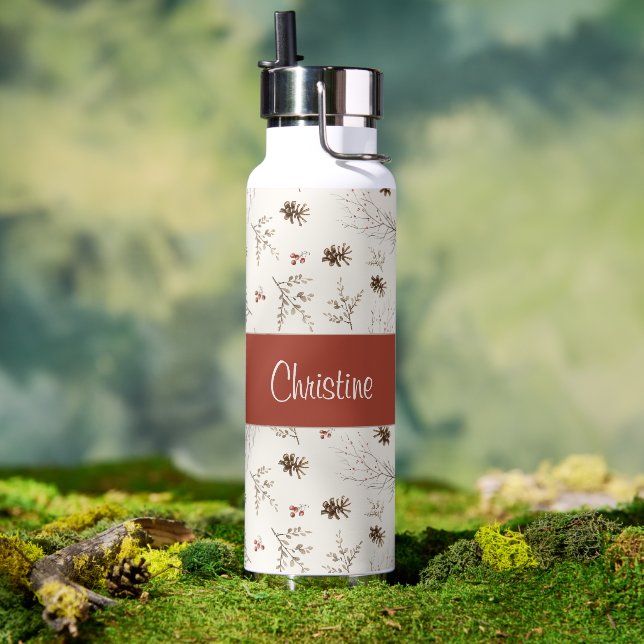 Red Cream Boho Watercolor Woodland Custom Name Water Bottle (Outdoor (Rotated))