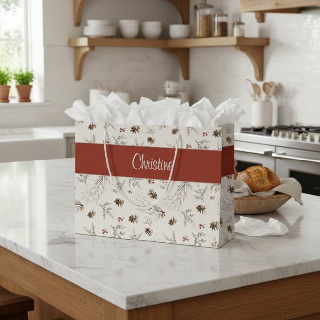 Red Cream Boho Woodland Winterberry Monogram Name Large Gift Bag (Creator Uploaded)