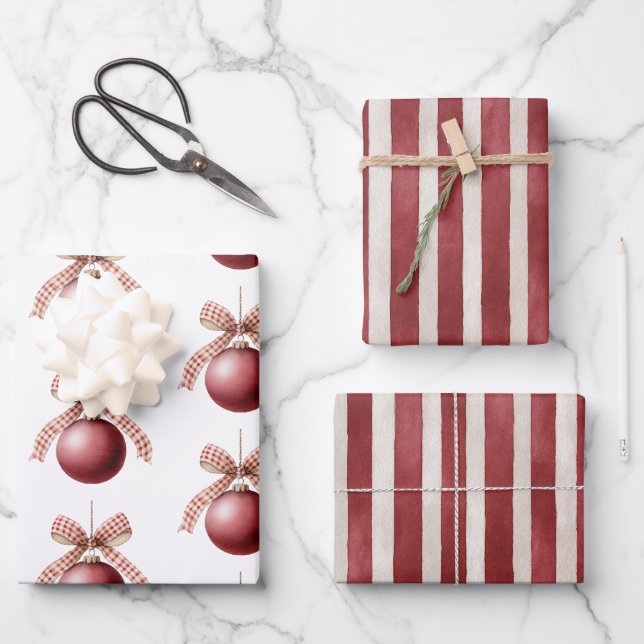 Red Cream Bow Christmas Round Ornament Wrapping Paper Sheets (Front)