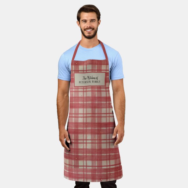 Red cream buffalo plaid pattern family custom apron (Worn)