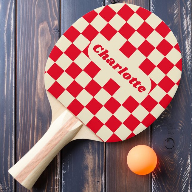Red & Cream Checker with Name Ping Pong Paddle (Creator Uploaded)