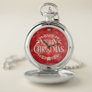 Red & Cream Christmas & New Year Greeting Pocket Watch