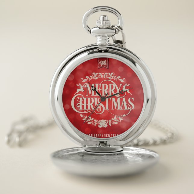 Red & Cream Christmas & New Year Greeting Pocket Watch (Inside)