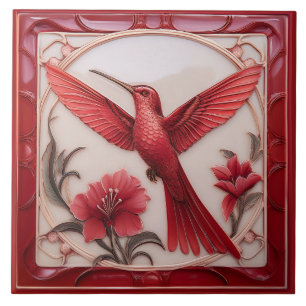 Red & cream faux relief Art Nouveau Hummingbird L Ceramic Tile