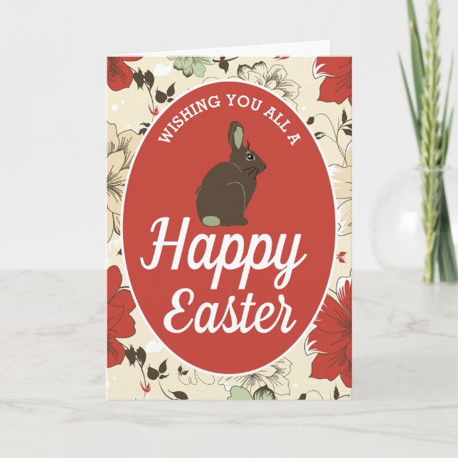 Red & Cream Floral Bunny Easter Egg, Easter Card (Front)