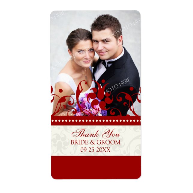 Red Cream Floral Photo Wedding Labels (Front)