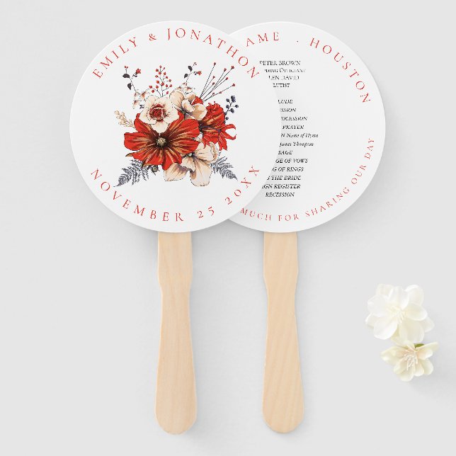 Red Cream Florals Foliage Names Wedding program Hand Fan (Front and Back)