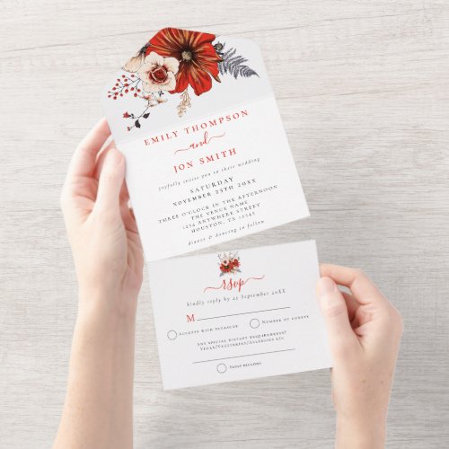 Red Cream Florals Recipient Address Wedding All In One Invitation