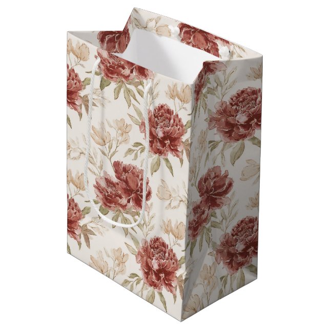 Red Cream Flowers Bridal Shower Medium Gift Bag (Front Angled)