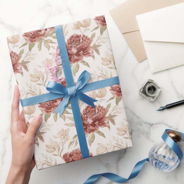 Red Cream Flowers Bridal Shower Wrapping Paper (Gifting)