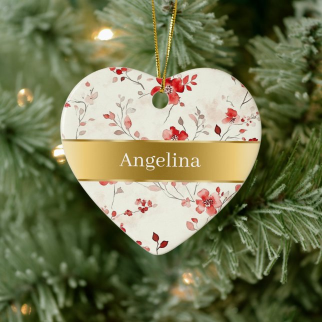 Red Cream Flowers Gold Ribbon Christmas Ceramic Ornament (Tree)