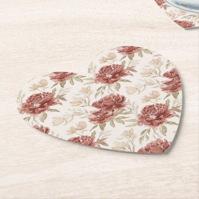 Red Cream Flowers Paper Coaster (Angled)