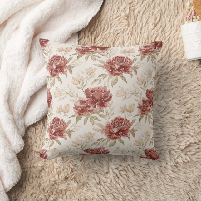 Red Cream Flowers Throw Pillow (Blanket)