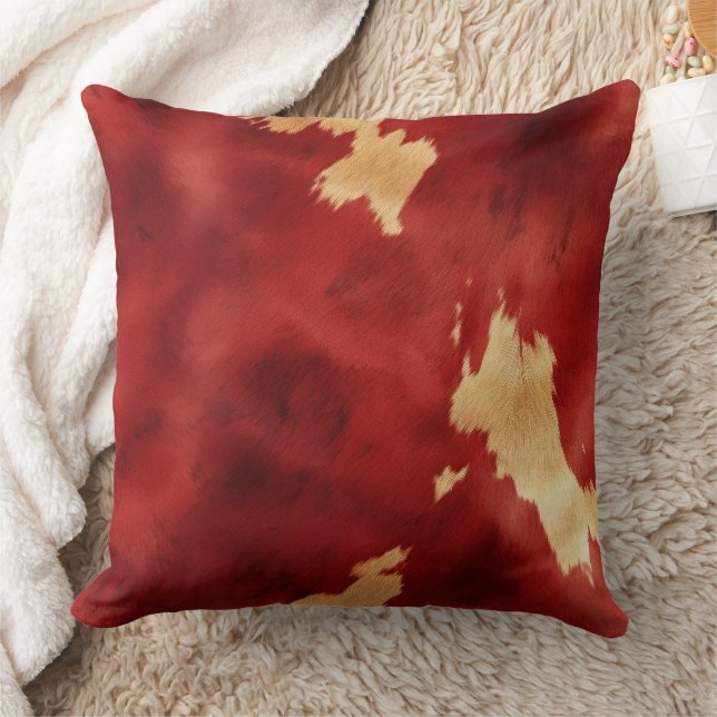 Red Cream Gold Southwest Cowhide Throw Pillow (Blanket)