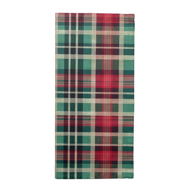 Red Cream Green Plaid Stripes Cloth Napkin (Half Fold)