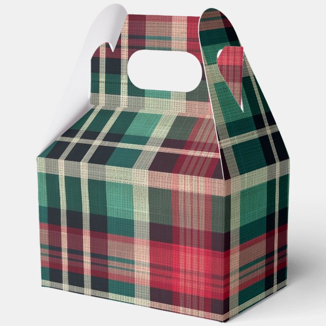 Red Cream Green Plaid Stripes Favor Boxes (Front)