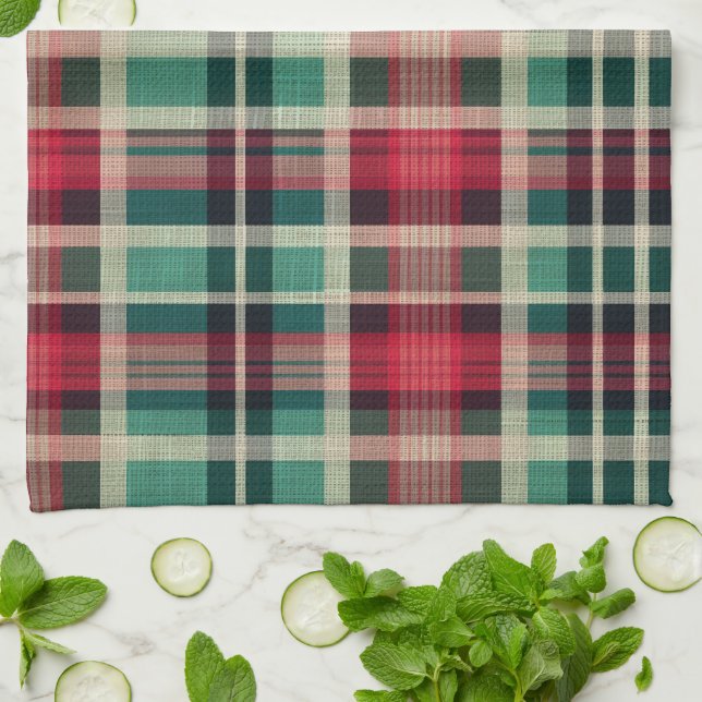 Red Cream Green Plaid Stripes Kitchen Towel (Folded)