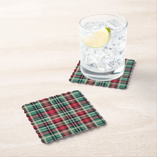 Red Cream Green Plaid Stripes Paper Coaster (Insitu)