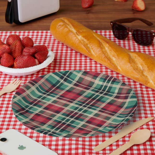 Red Cream Green Plaid Stripes Paper Plates (Picnic)