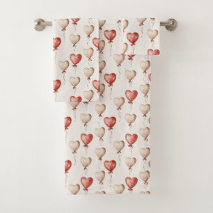 Red Cream Heart Balloons Bath Towel Set