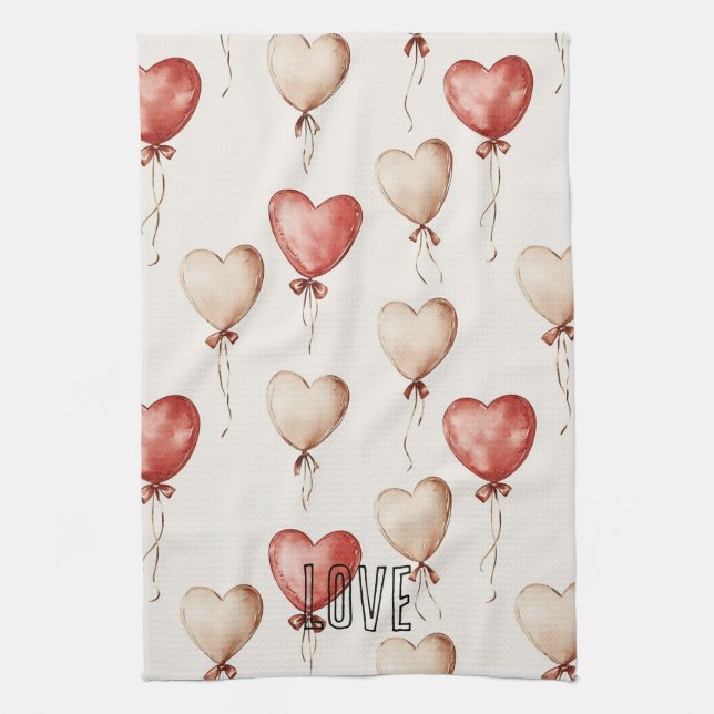 Red Cream Heart Balloons Kitchen Towel (Vertical)