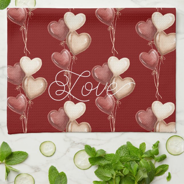 Red Cream Heart Balloons Love  Kitchen Towel (Folded)