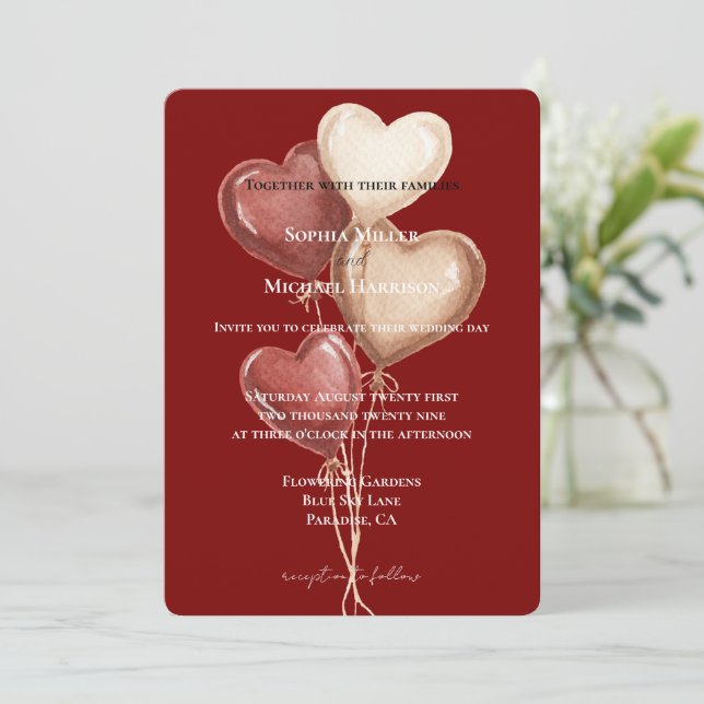 Red Cream Heart Balloons Wedding Invitation (Standing Front)