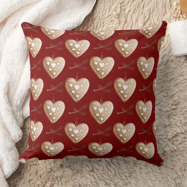 Red Cream Heart Gingerbread Cookie Christmas Throw Pillow (Blanket)