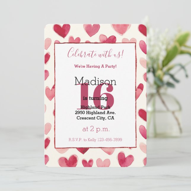 Red Cream Hearts 16th Birthday Invitation (Standing Front)
