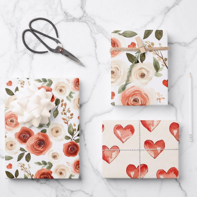 Red Cream Hearts and Flowers Bridal Shower Wrapping Paper Sheets (Front)