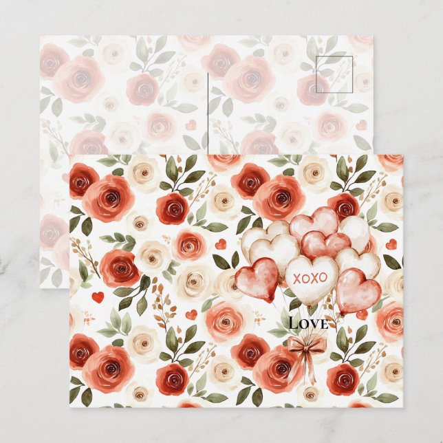 Red Cream Hearts and Flowers Hearts Balloons Postcard (Front/Back)
