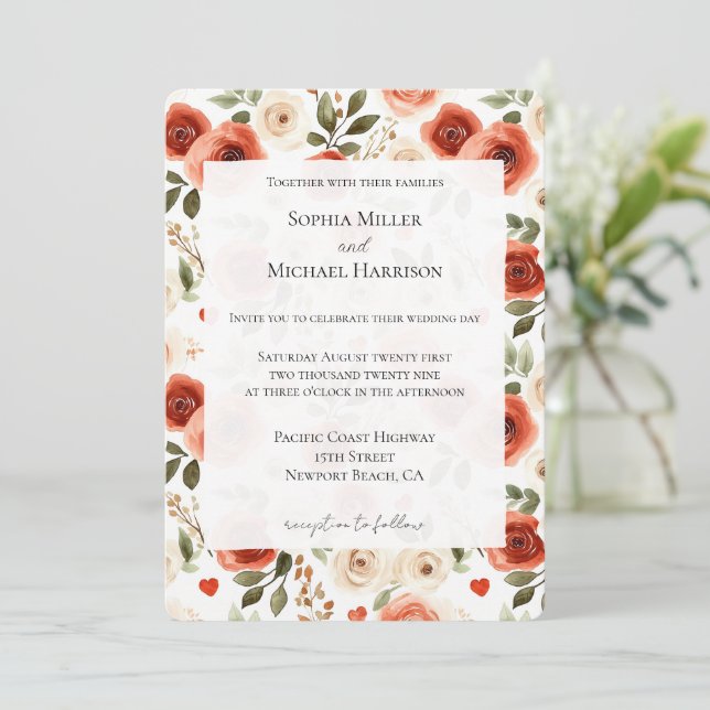 Red Cream Hearts and Flowers Wedding Invitation (Standing Front)