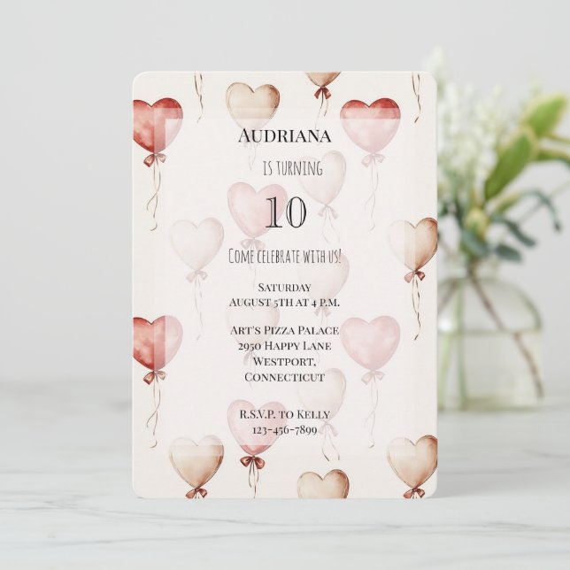 Red Cream Hearts Balloons Birthday Invitation (Standing Front)