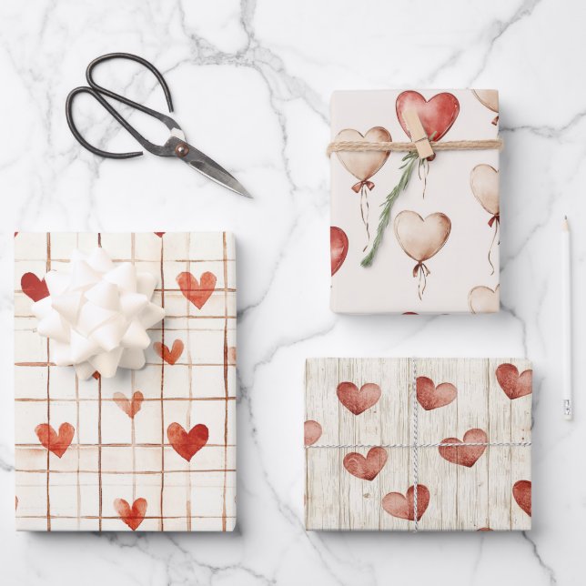 Red Cream Hearts Balloons Birthday Wrapping Paper Sheets (Front)