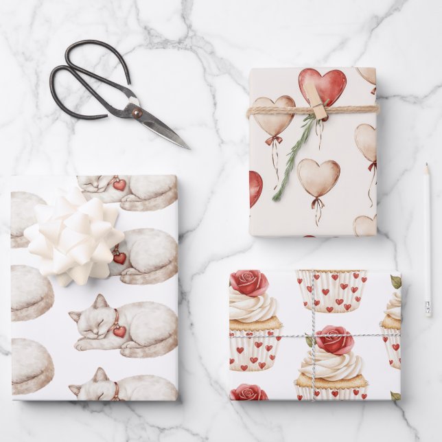 Red Cream Hearts Balloons Cats Cupcakes Birthday Wrapping Paper Sheets (Front)