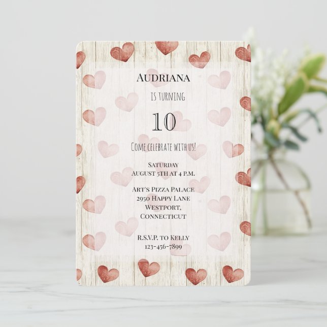 Red Cream Hearts Faux Wood Birthday Invitation (Standing Front)