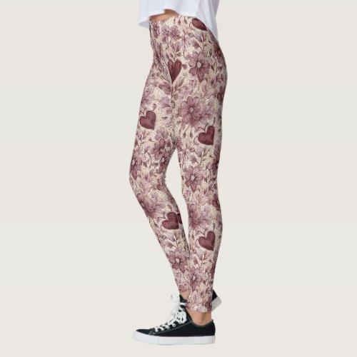 Red Cream Hearts Floral Leggings