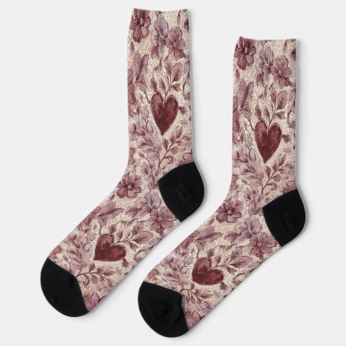 Red Cream Hearts Floral Socks