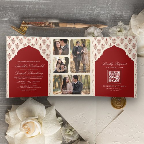 Red Cream Ikat All in One Indian Wedding Tri_Fold Invitation