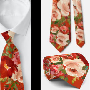 Red Cream Ivory Roses Floral Neck Tie