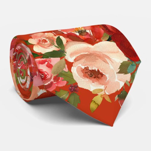 Red Cream Ivory Roses Floral Neck Tie