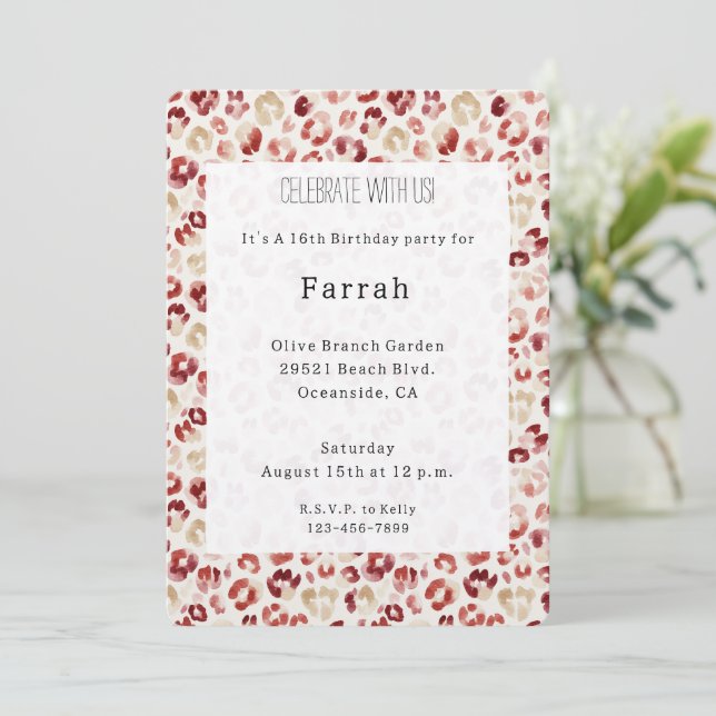 Red Cream Leopard Animal Print Birthday   Invitation (Standing Front)