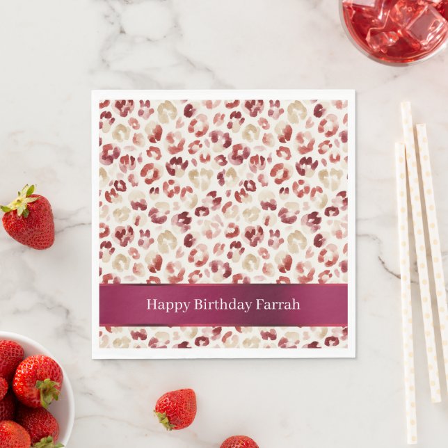 Red Cream Leopard Animal Print Birthday Napkins (Insitu)