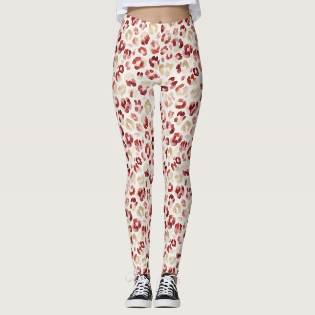 Red Cream Leopard Animal Print Leggings (Front)
