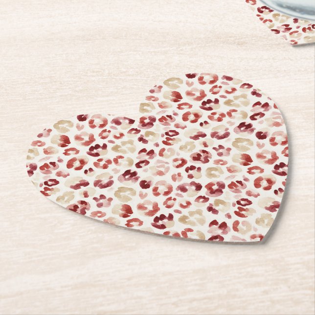 Red Cream Leopard Animal Print Paper Coaster (Angled)