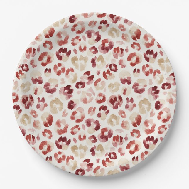 Red Cream Leopard Animal Print Paper Plates (Front)