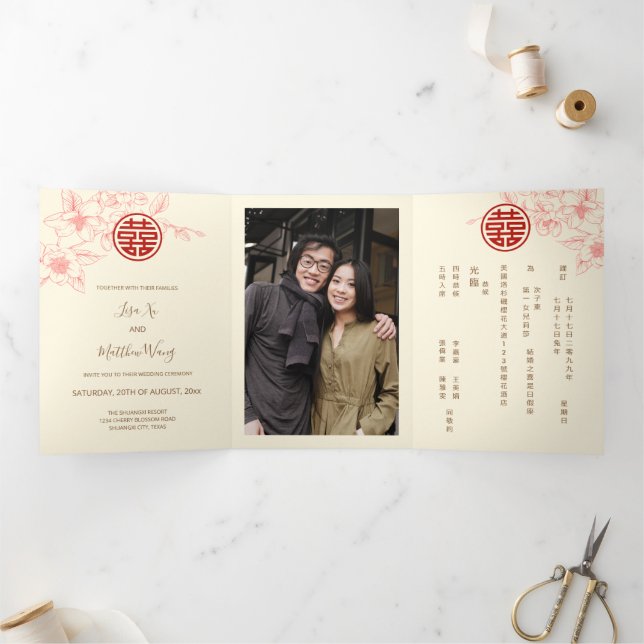 Red Cream Magnolia | Photo Chinese Wedding Tri-Fold Invitation (Inside)
