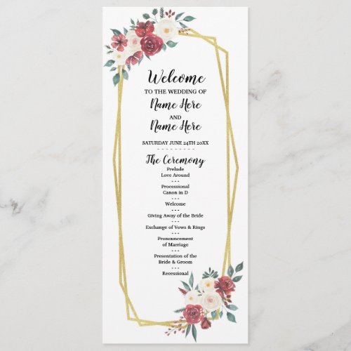 Red Cream Menu Watercolor Floral Wedding Program