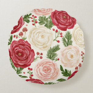 Red Cream Pink Flowers Christmas Round Pillow